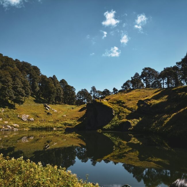a lake surrounded by a lush green hillside